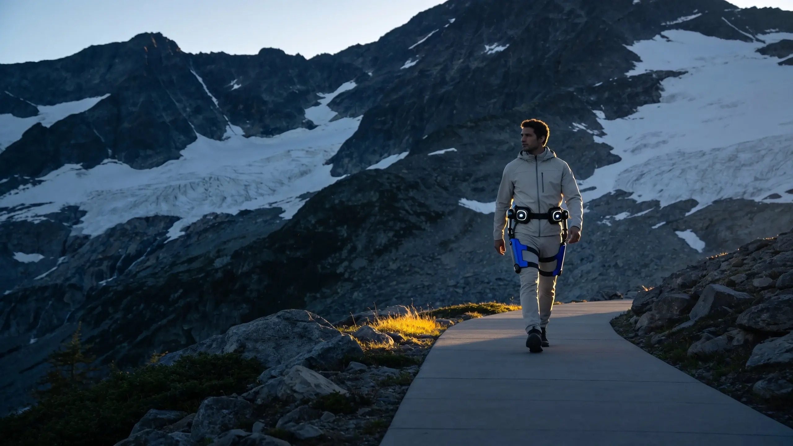 Person using a conceptual exoskeleton on an outdoor trail