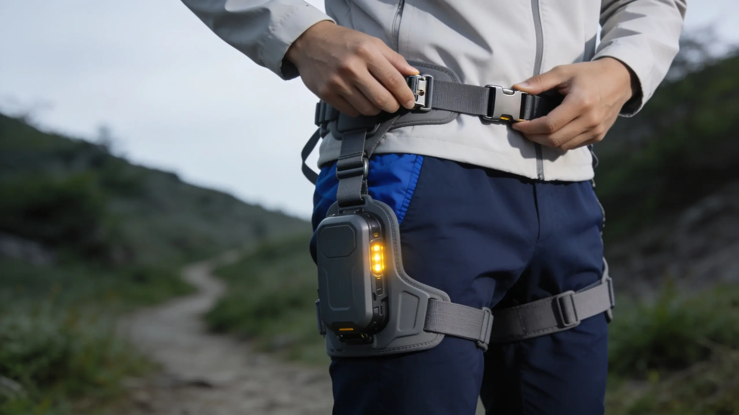 Close-up of a person adjusting a conceptual hip-assist exoskeleton
