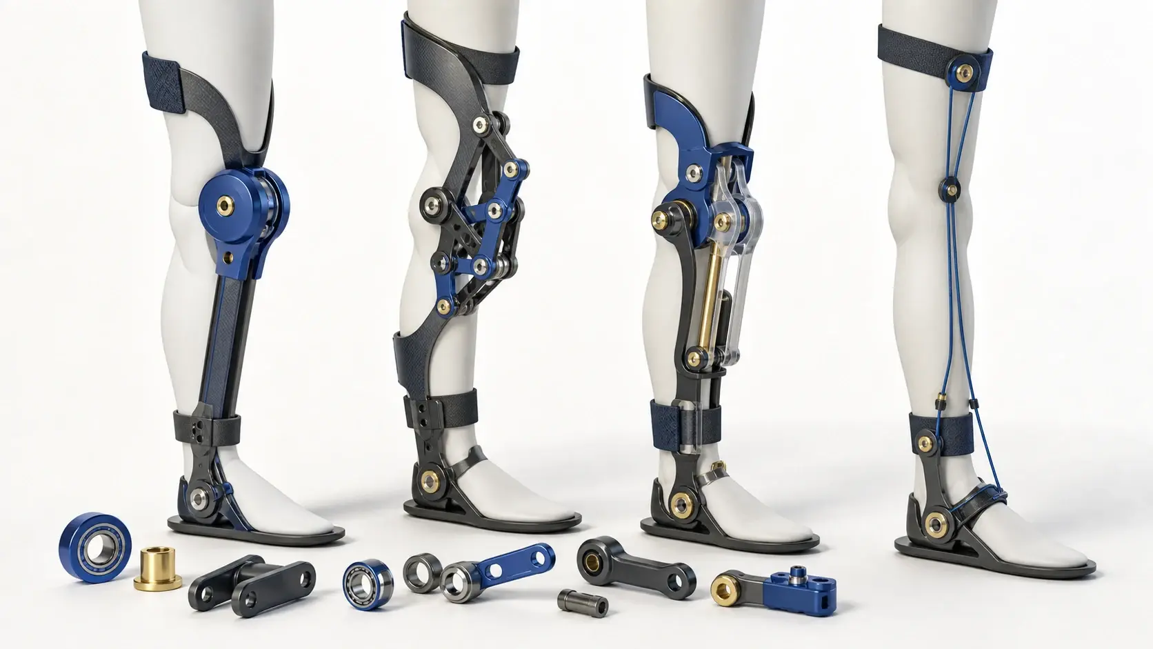 Research-studio comparison of a revolute hinge, polycentric linkage, self-aligning joint and cable-driven joint path beside abstract lower legs