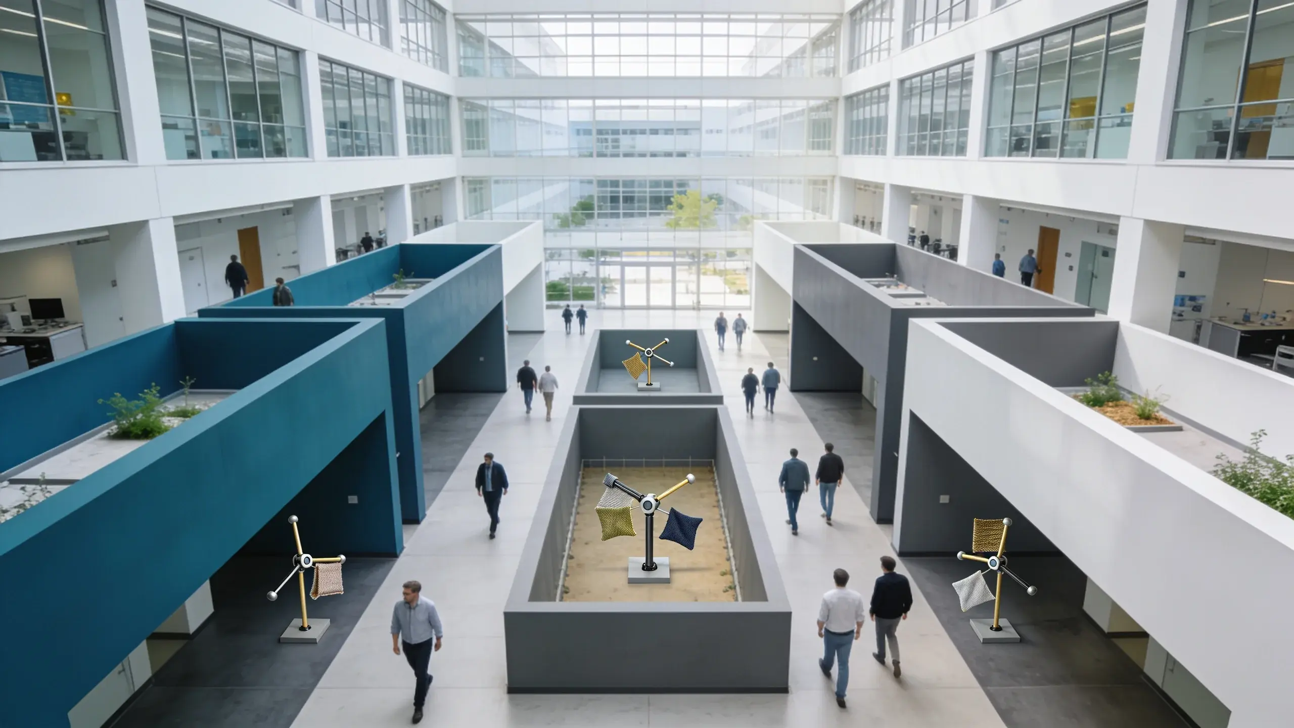 Architectural editorial view of a wearable-robotics research campus organized into distinct technology paths
