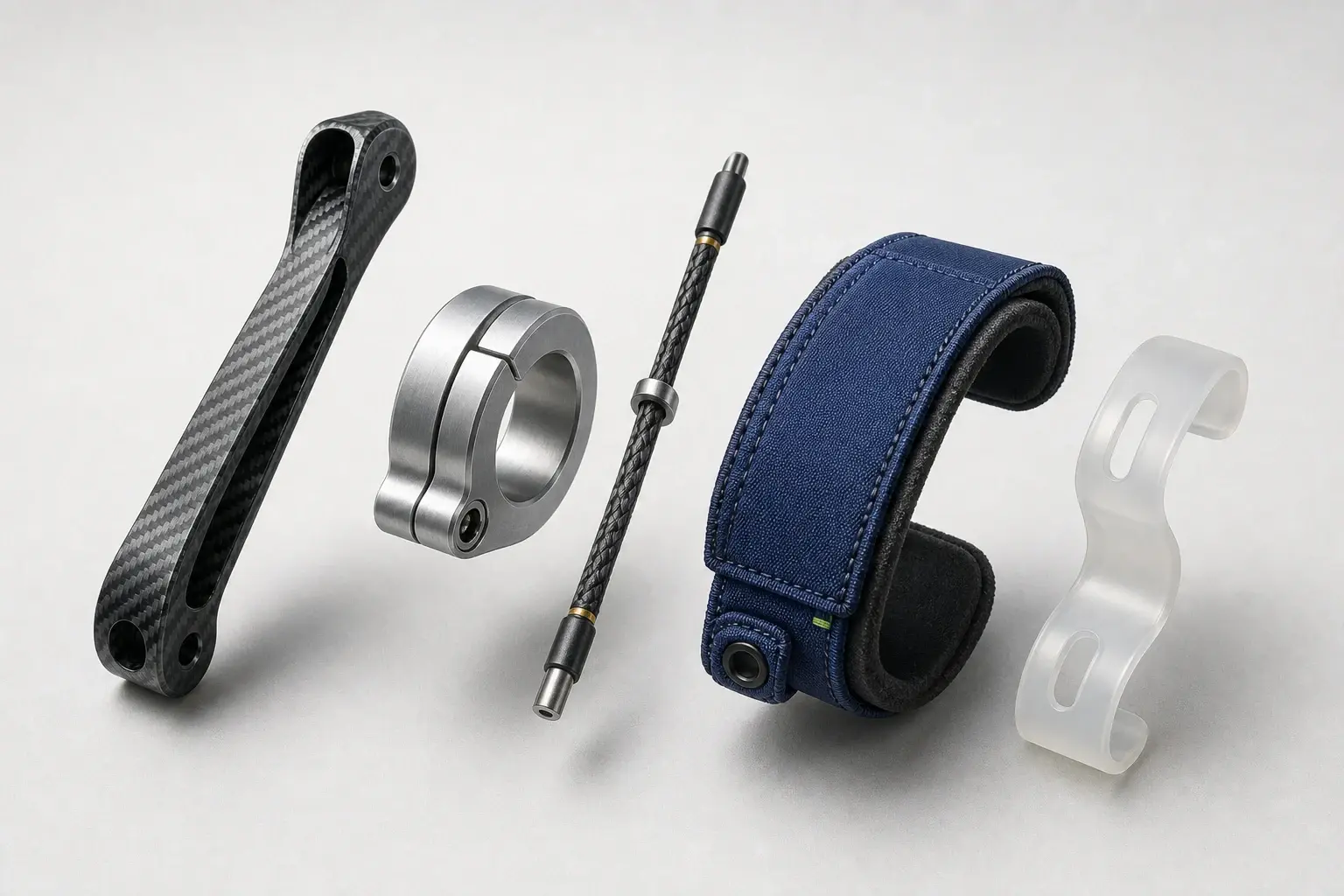 Research-studio still life of a carbon-composite strut, aluminum joint collar, braided cable, textile cuff and flexible polymer spacer