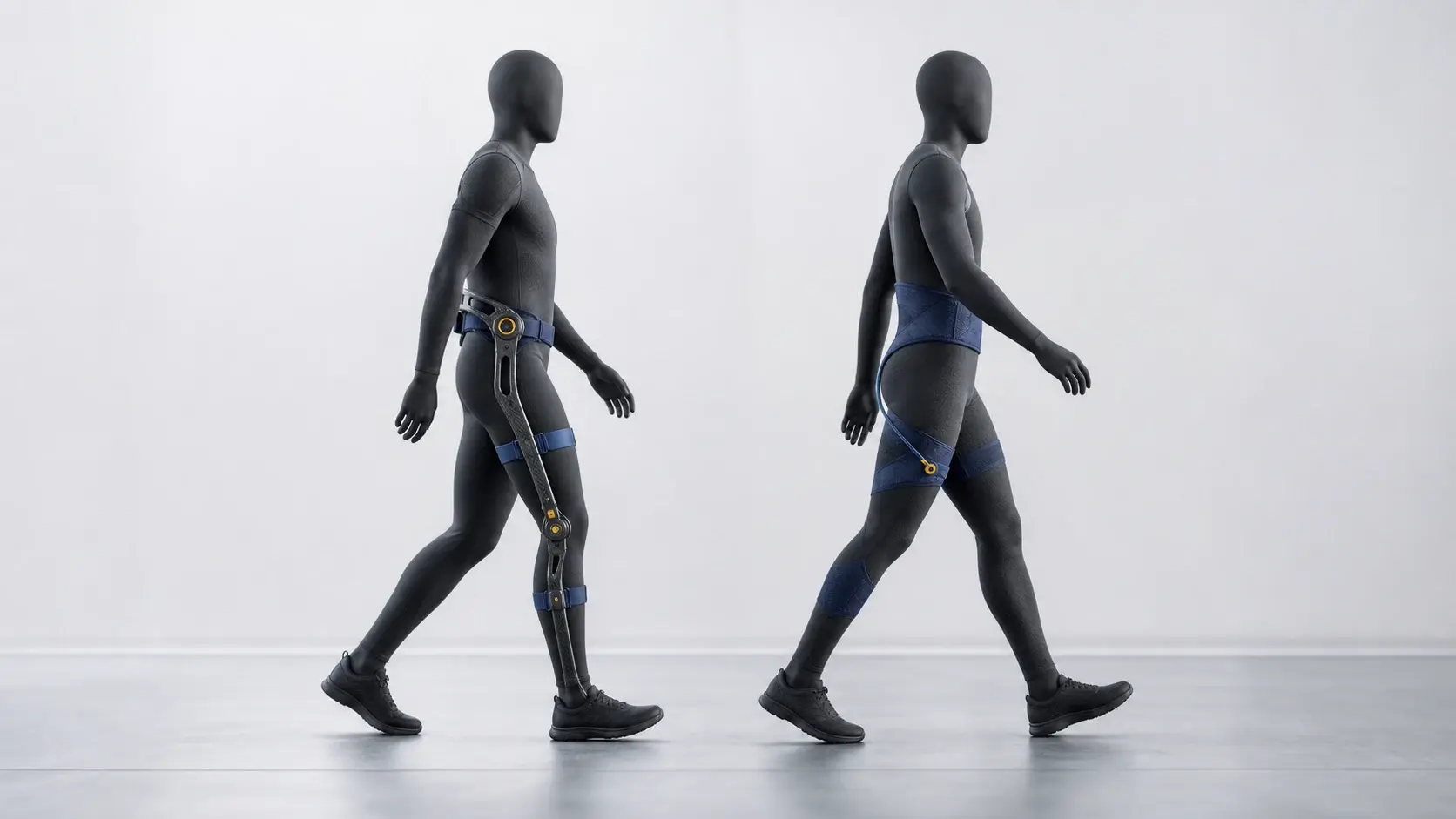 Research-studio comparison of a rigid wearable load path and a textile cable load path around two abstract walking figures