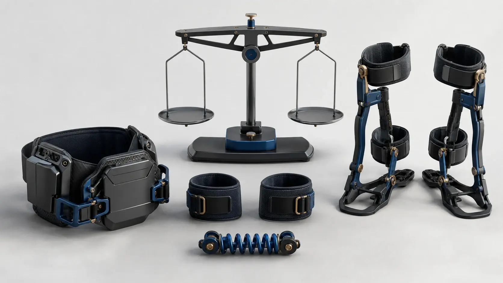 Research-studio still life of modular wearable-robot components arranged around a neutral balance beam