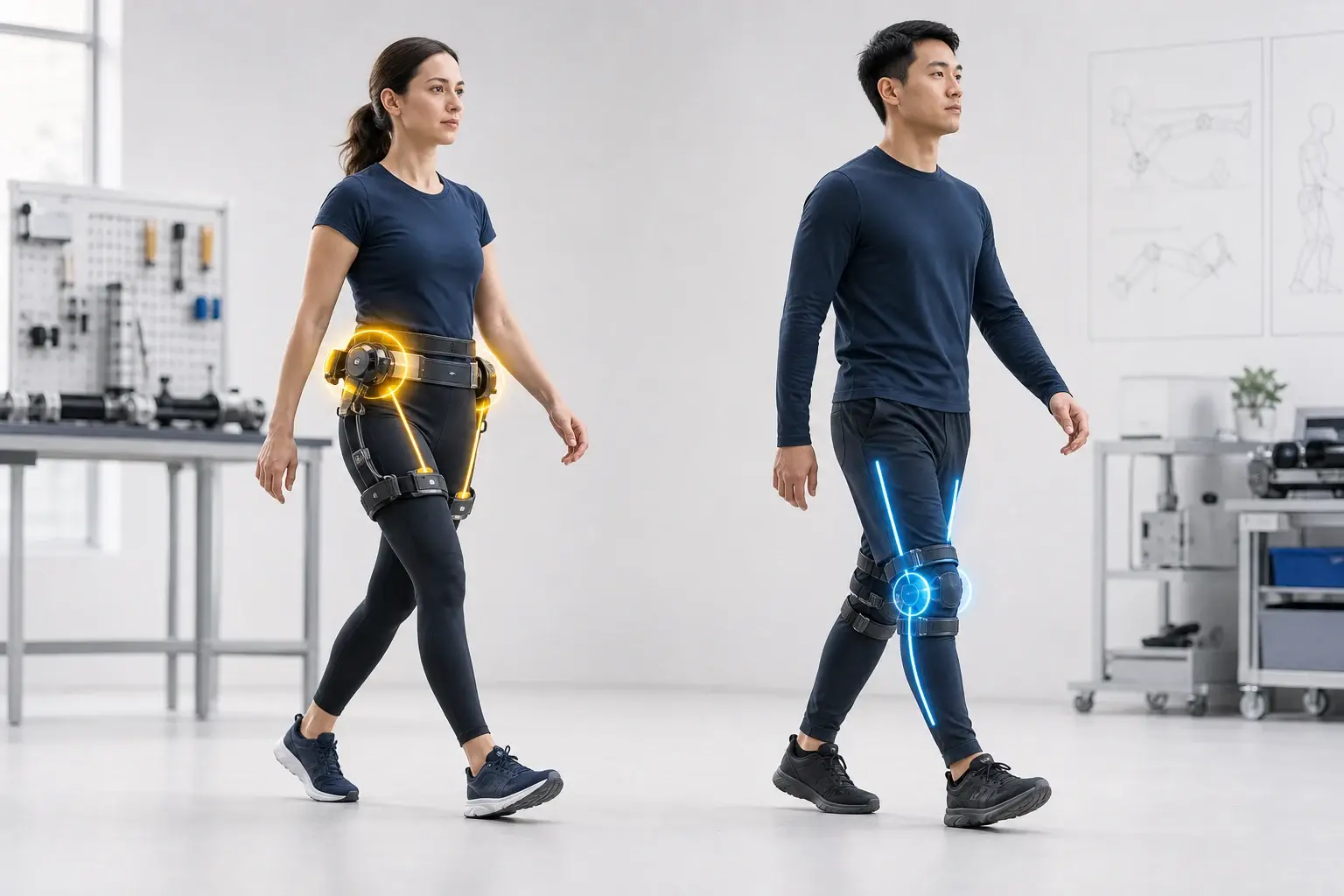 Research-studio comparison of abstract hip and knee assistance paths on two walking figures