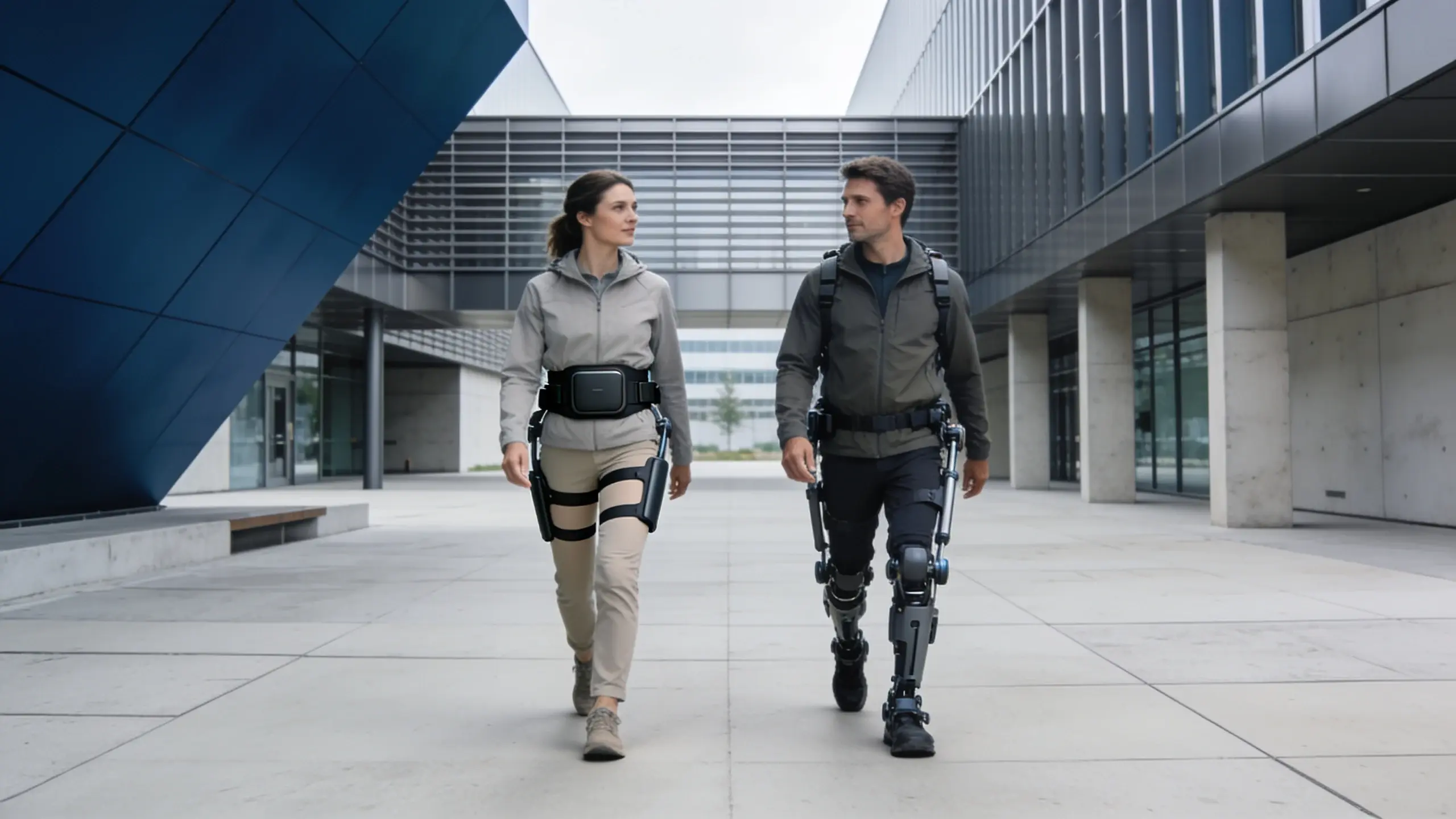 Two people walking with conceptual consumer exoskeletons in a modern architectural setting