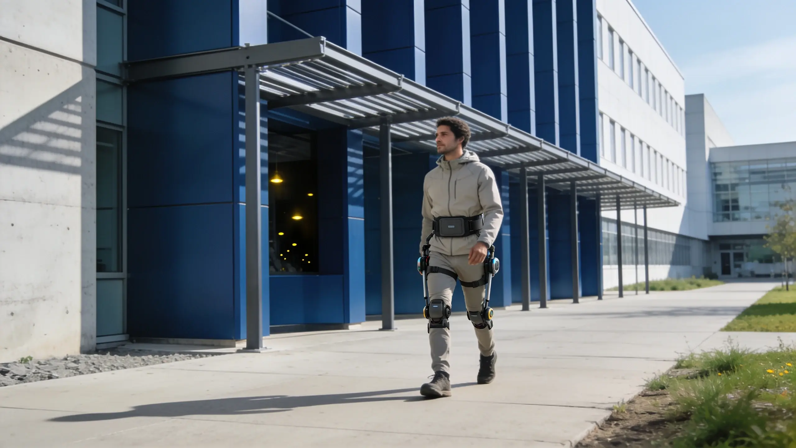 Walker using a conceptual lower-body assist system outdoors