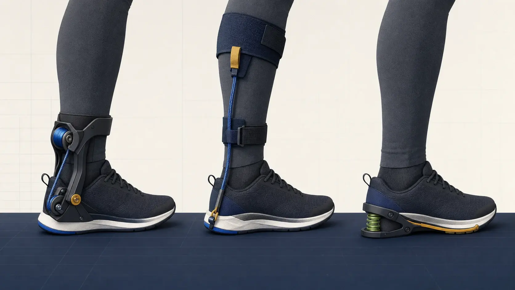 Research-studio comparison of powered, cable-driven and spring-clutch ankle assistance paths around abstract lower legs