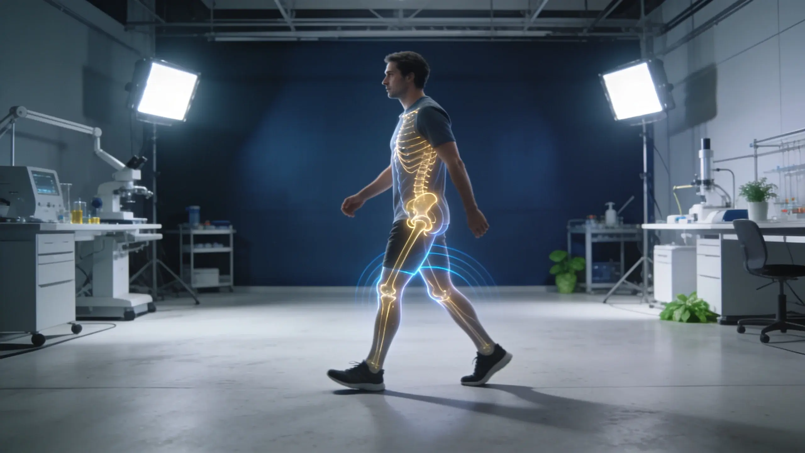 Research-studio illustration showing abstract hip flexion and extension assistance around a walking figure