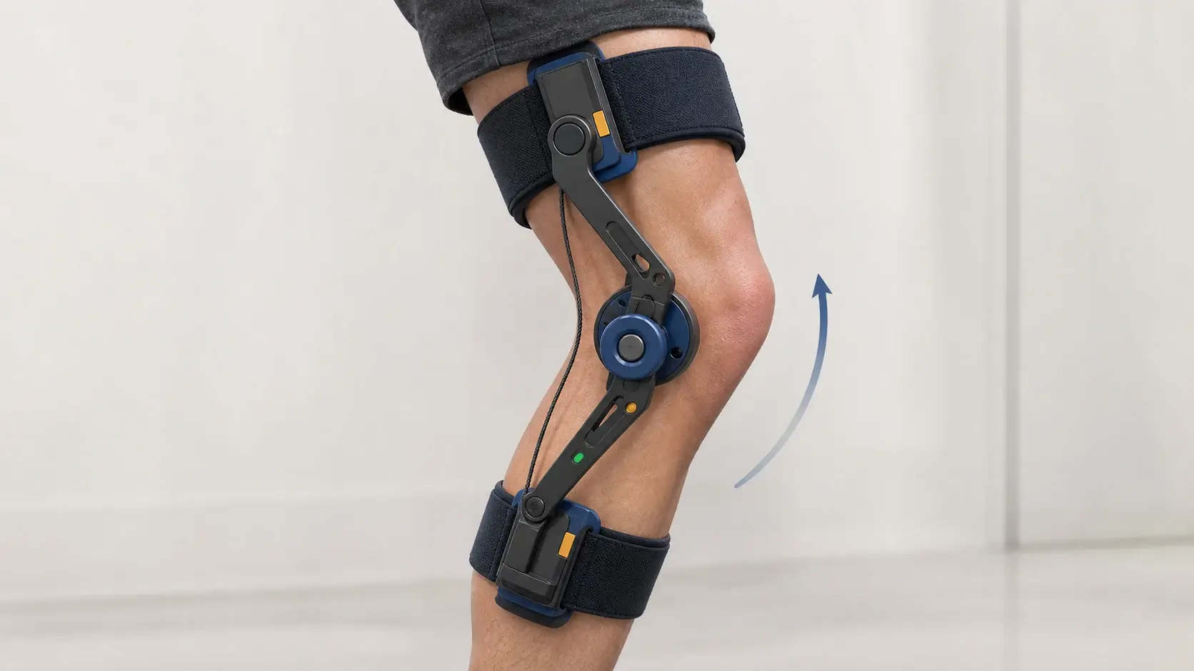 Research-studio illustration of an abstract knee-assistance mechanism aligned beside a human leg